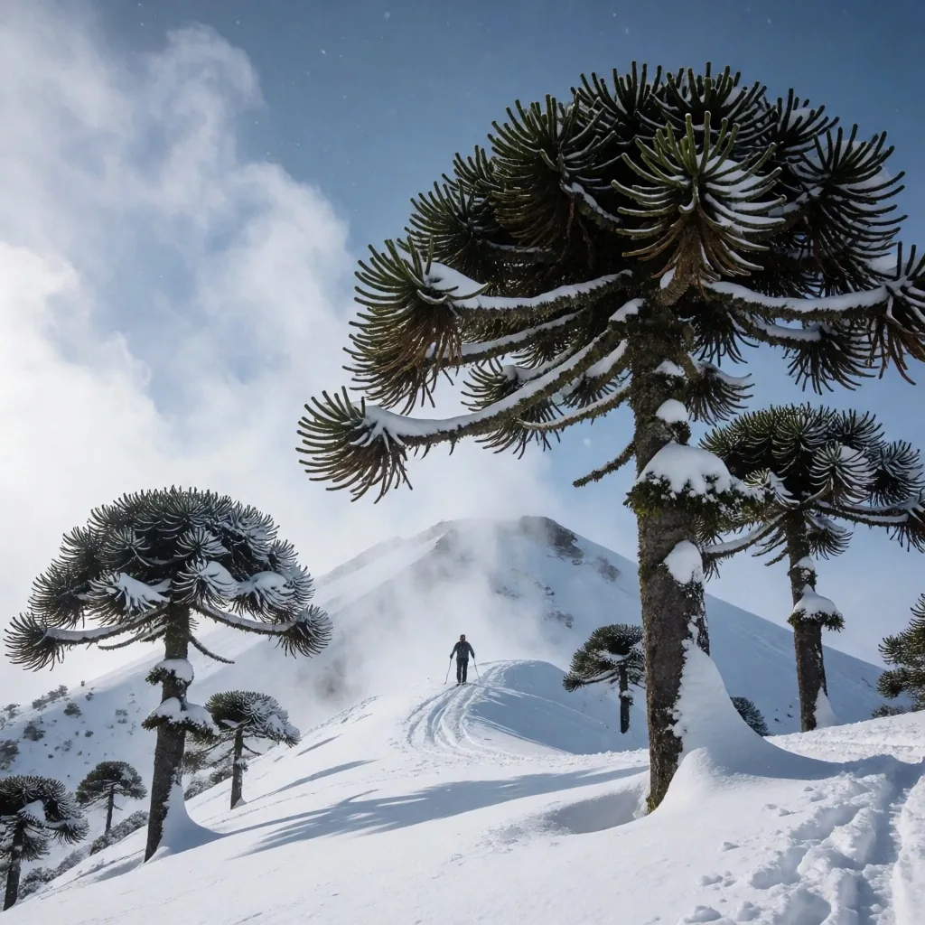 Caviahue sobre el volcán Copahue con pehuenes milenarios cubiertos de nieve