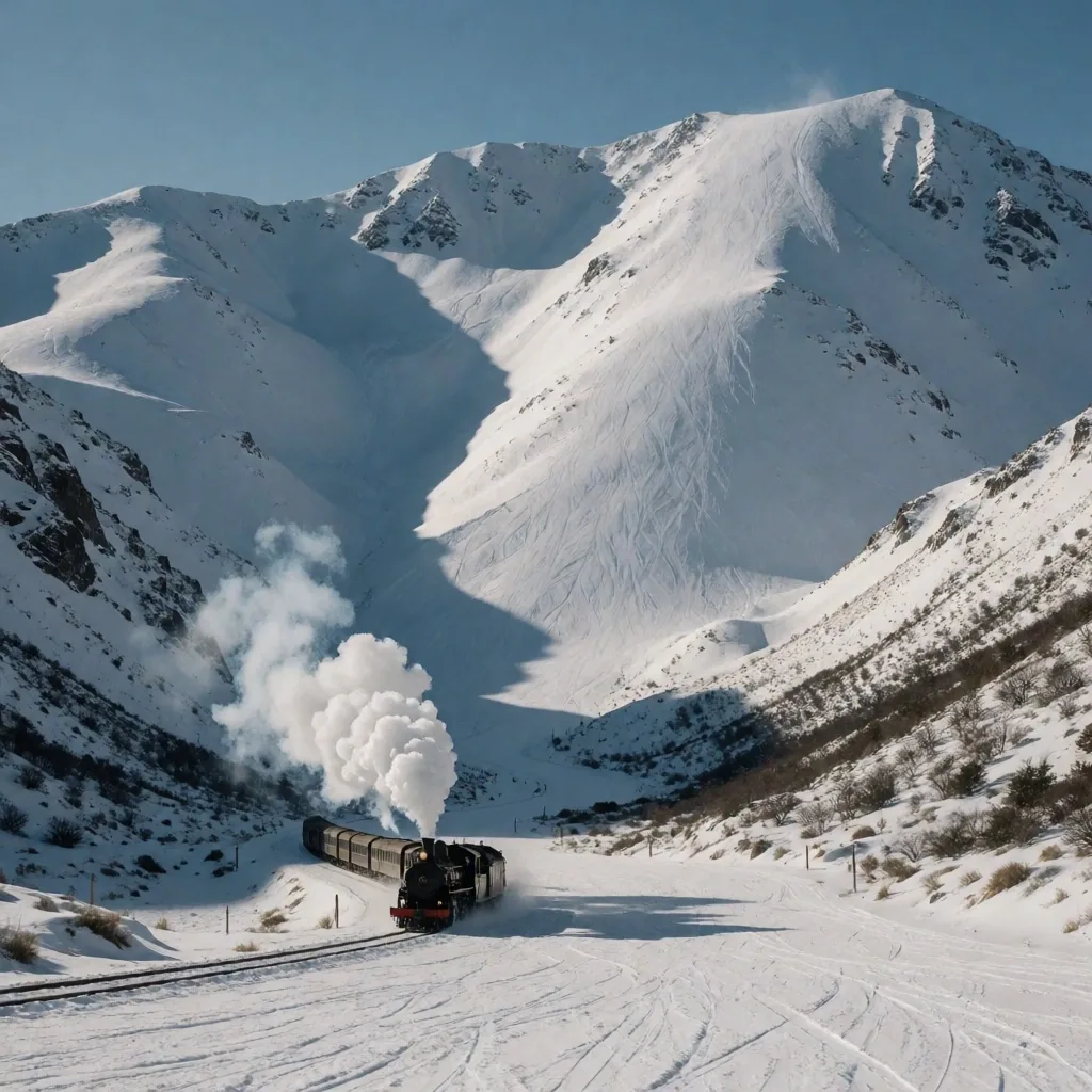 Pistas de La Hoya orientadas al sur cerca de Esquel, con el histórico tren La Trochita en el valle