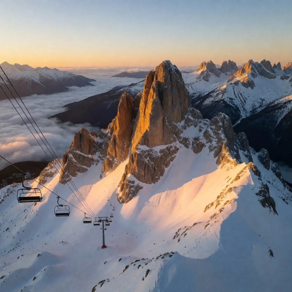 Vista aérea de Cerro Catedral al atardecer con cables de telesillas cruzando la niebla