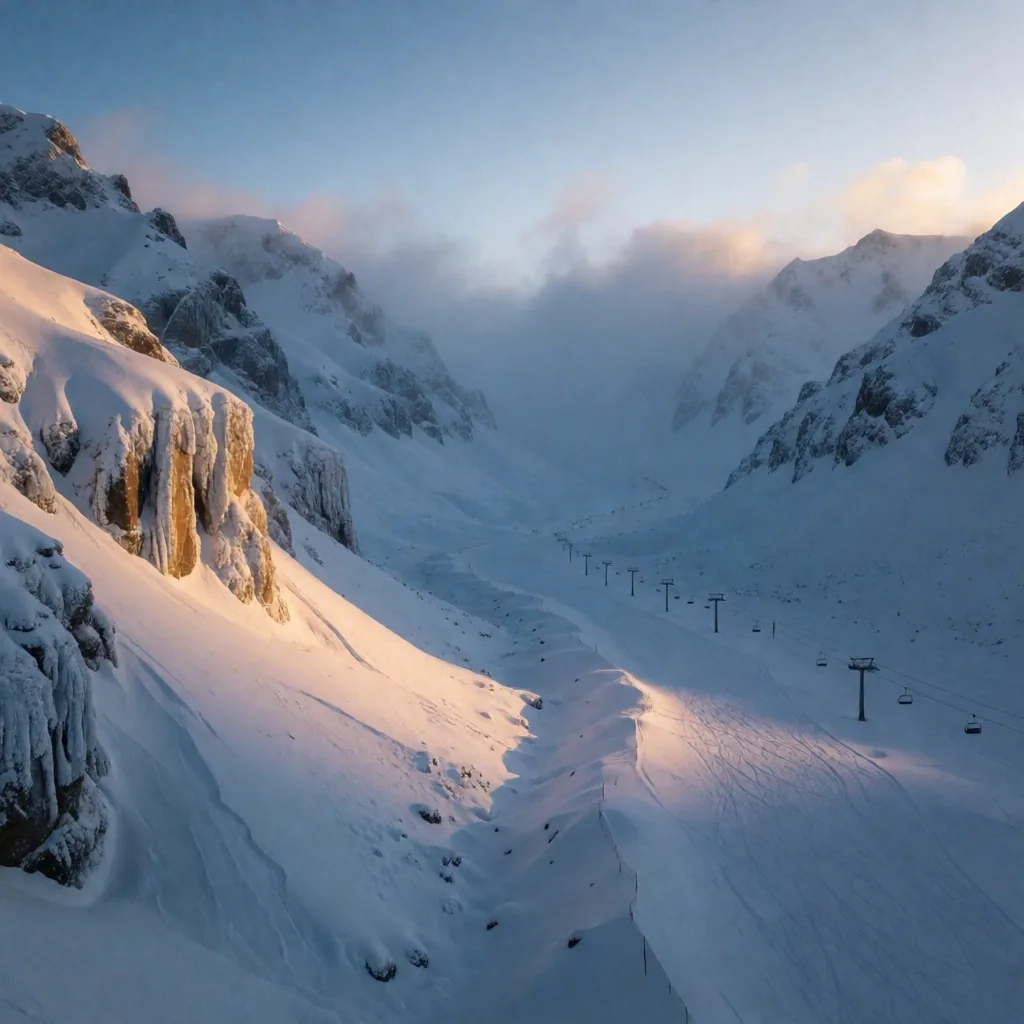 Valle nevado en los Andes al atardecer