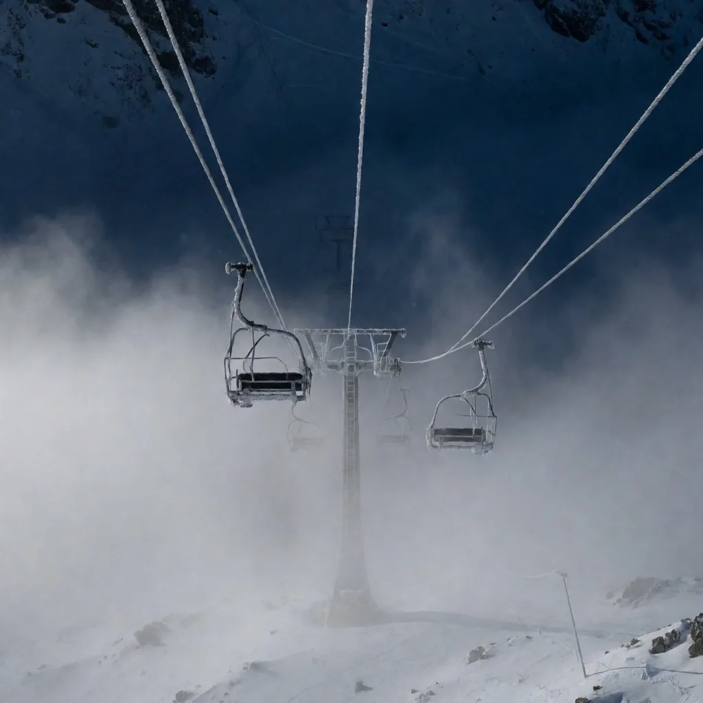 Estación de esquí en la cordillera de los Andes con cables de telesilla cruzando la niebla matutina