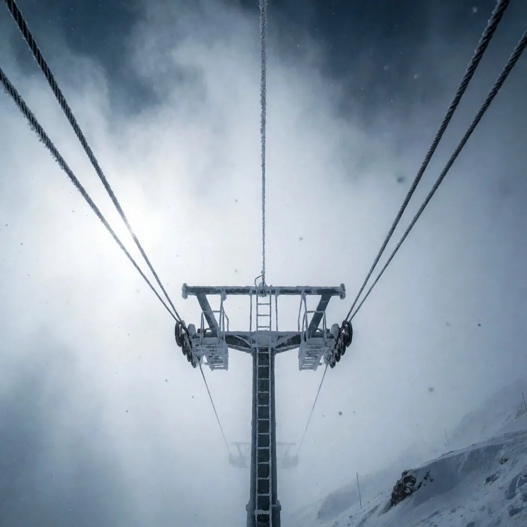 Cables de telesilla entre la niebla en un centro de esquí patagónico