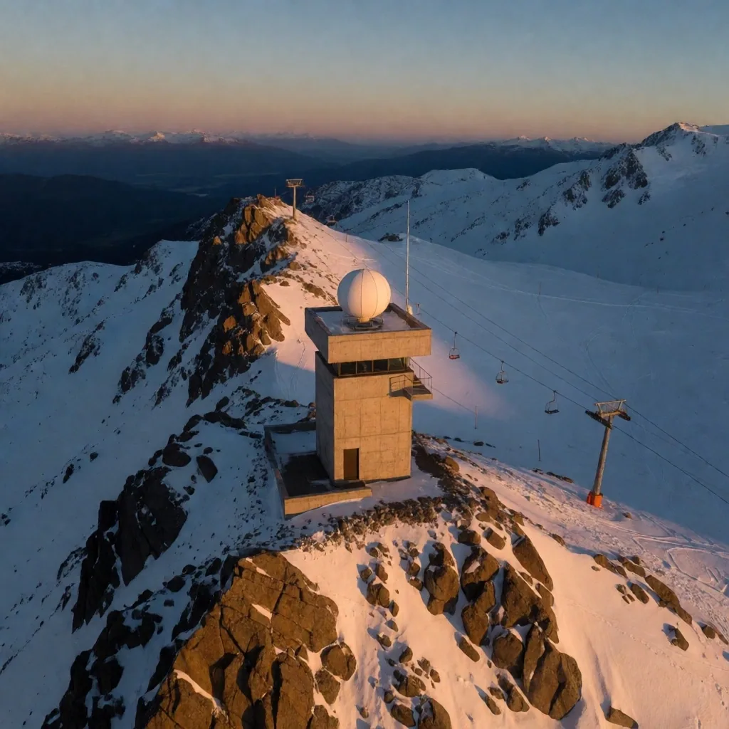 Estructura de observación en la cordillera patagónica al atardecer