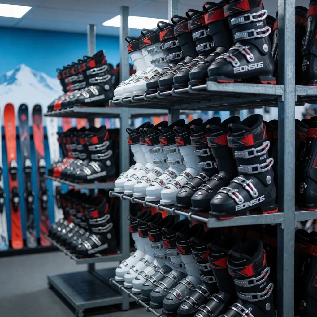 Interior de tienda de alquiler de equipos de esquí con botas y esquíes en estanterías metálicas